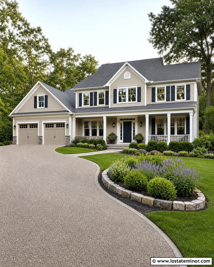 Greige House With White Trim and Curved Driveway - 30 Greige House Design With Driveway Ideas