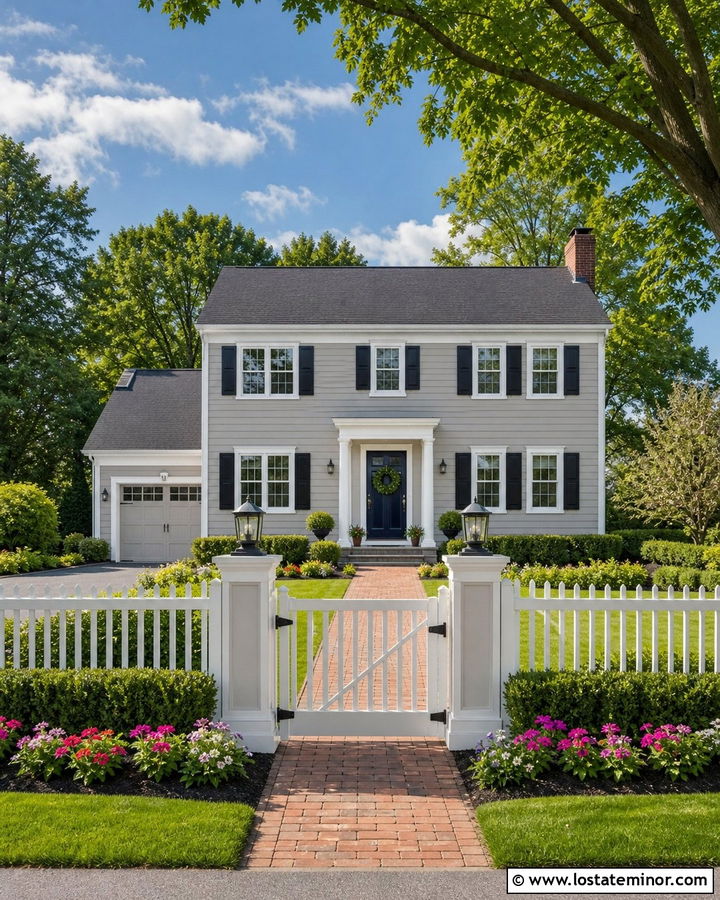 Greige House With White Vinyl Fence - 30 Greige House Design With Fence Ideas