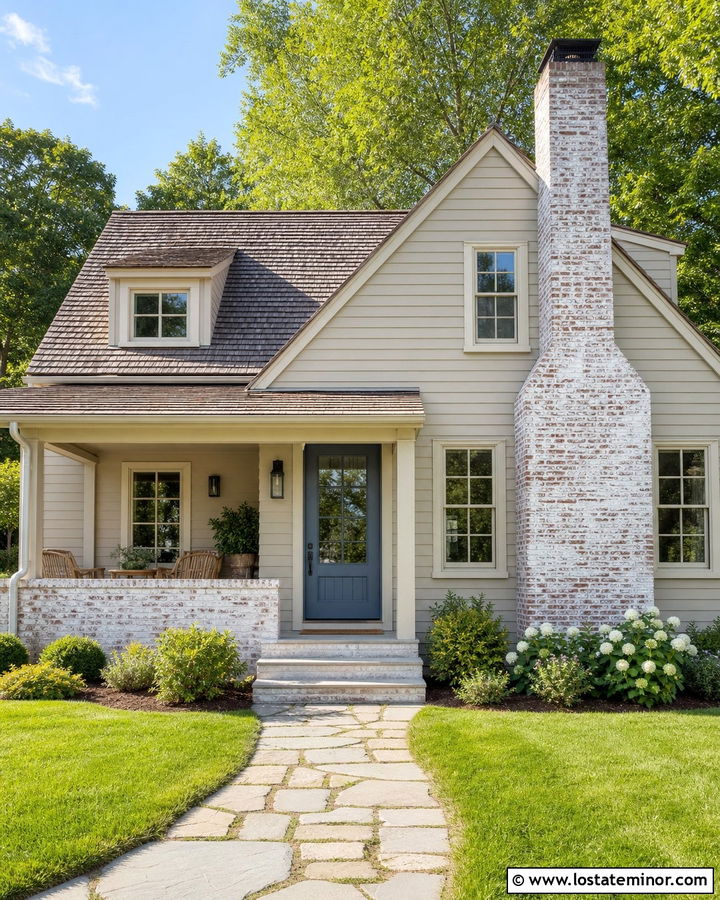 Greige House With Whitewashed Chimney - 30 Greige House Design With Chimney Ideas