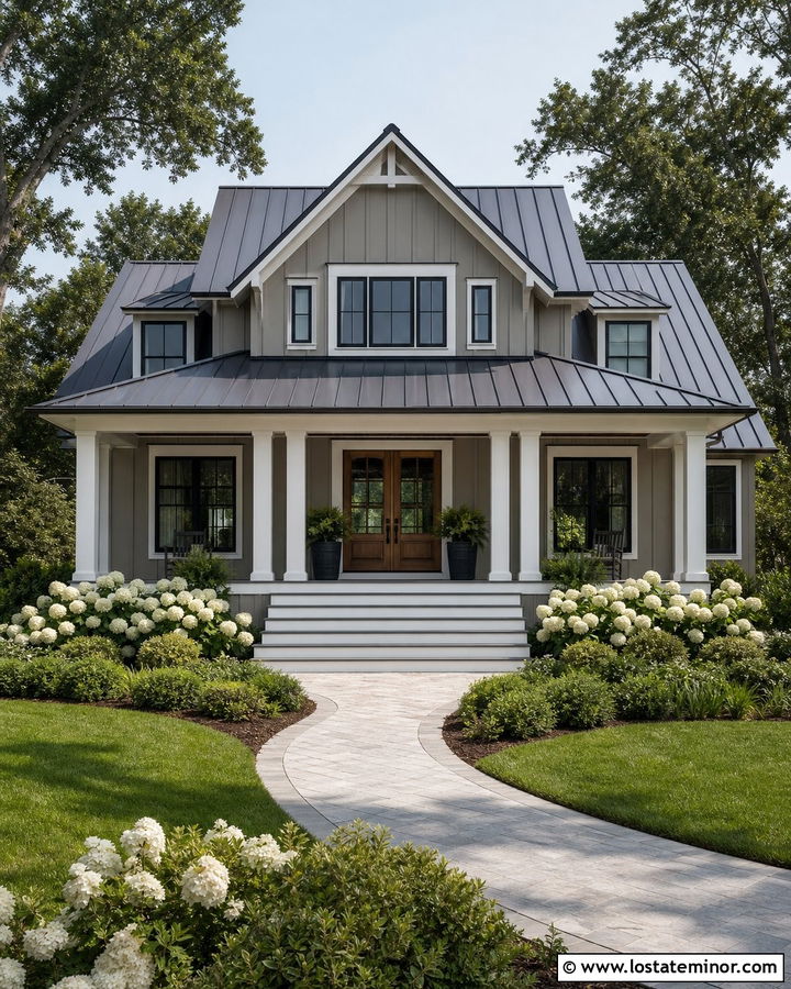 Greige House With Wide Farmhouse Steps - 30 Greige House Design With Steps Ideas