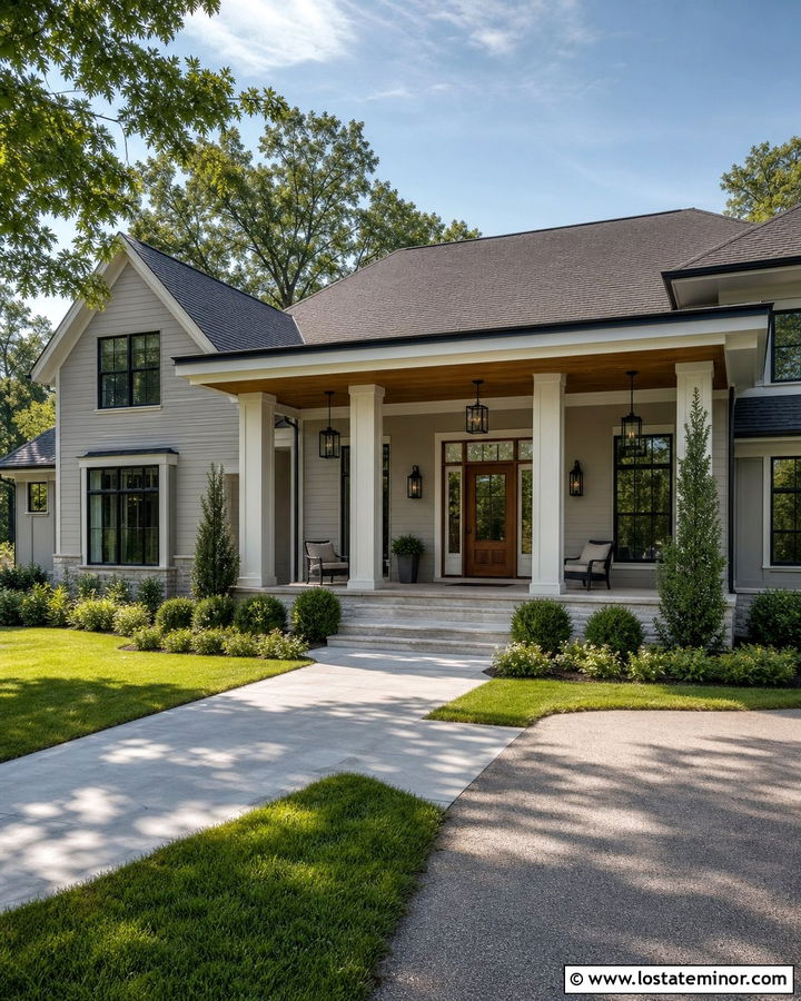 Greige House With Wide Front Portico - 30 Greige House Design With Portico Ideas