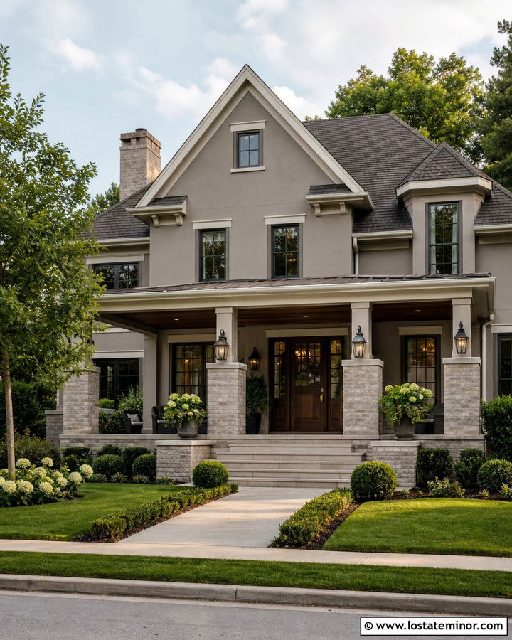 Greige House With Wide Masonry Columns - 30 Greige House Design With Porch Columns Ideas