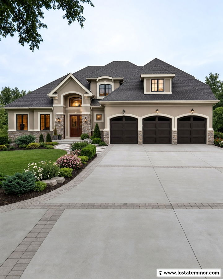 Greige House With Wide Three Car Driveway - 30 Greige House Design With Driveway Ideas