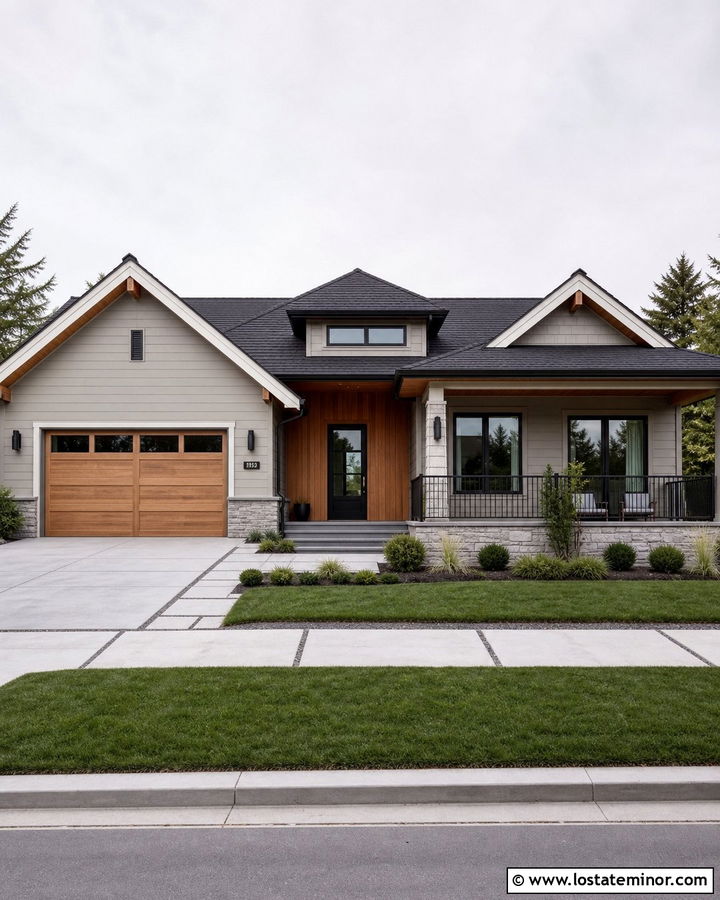 Greige House With Wood Accents And Black Shingles - 30 Greige House Design With Shingles Ideas
