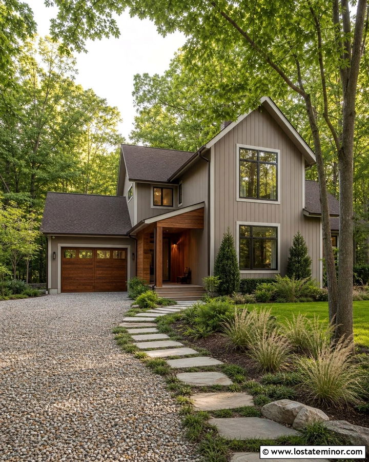 Greige House With Wood Accents and Gravel Driveway - 30 Greige House Design With Driveway Ideas