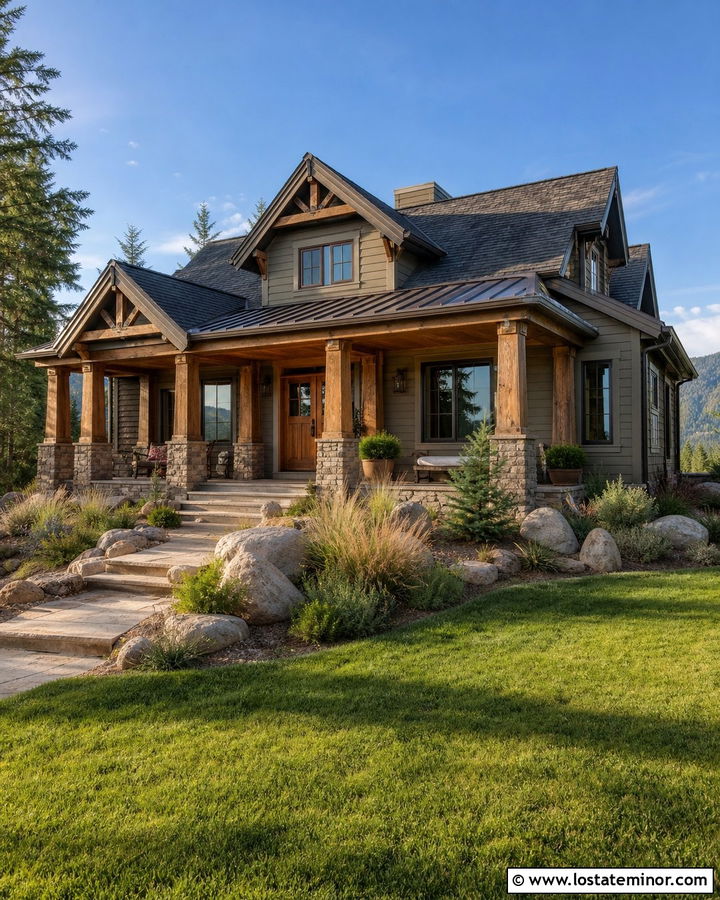 Greige House With Wood Columns And Stone - 30 Greige House Design With Porch Columns Ideas
