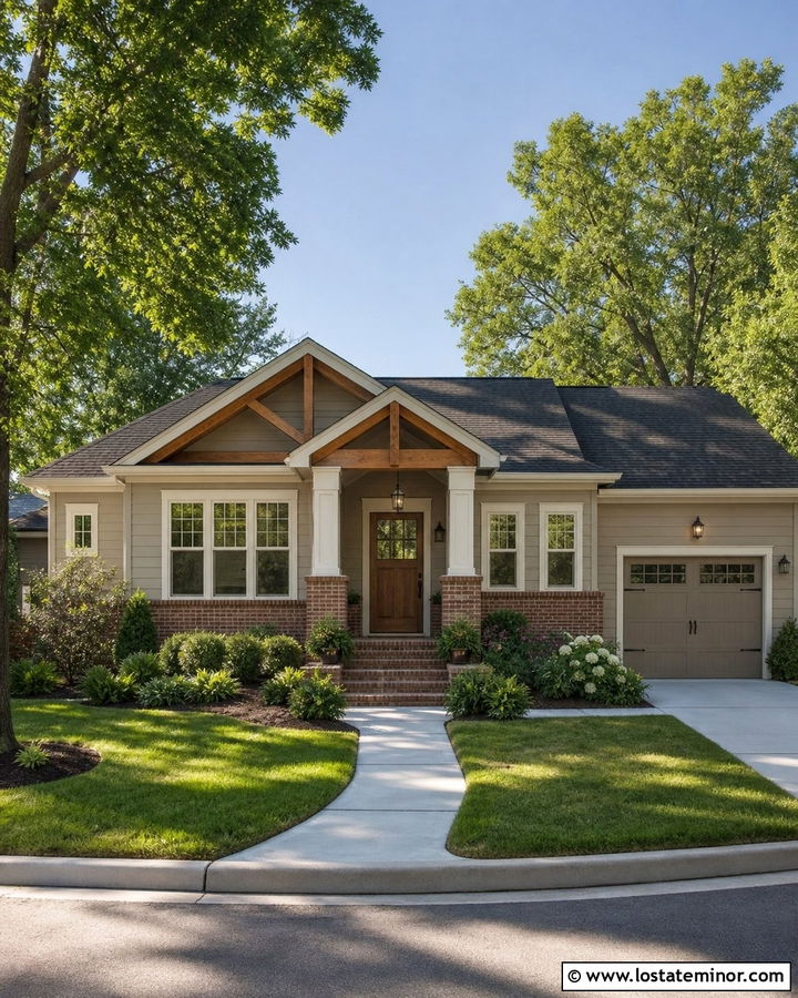 Greige House With Wood Door And Red Brown Brick - 30 Greige House Design With Brick Accents Ideas