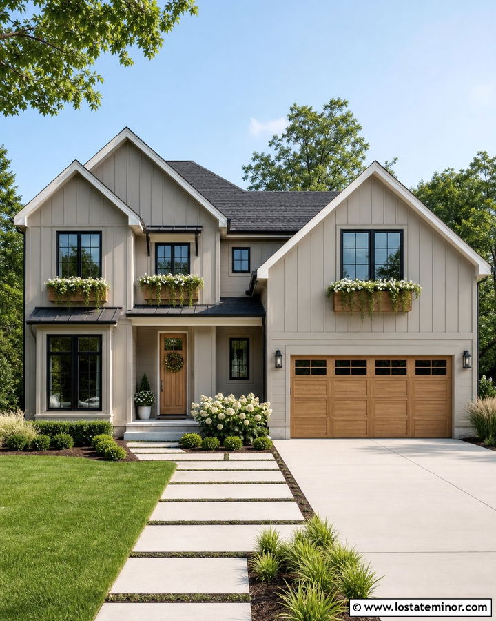 Greige House With Wood Garage Door And Window Boxes - 30 Greige House Design With Window Boxes Ideas