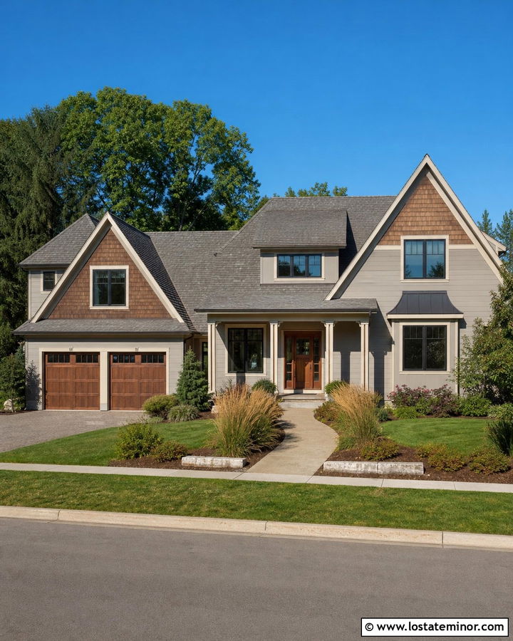 Greige House With Wood Garage Doors And Cedar Shakes - 30 Greige House Design With Cedar Shake Ideas