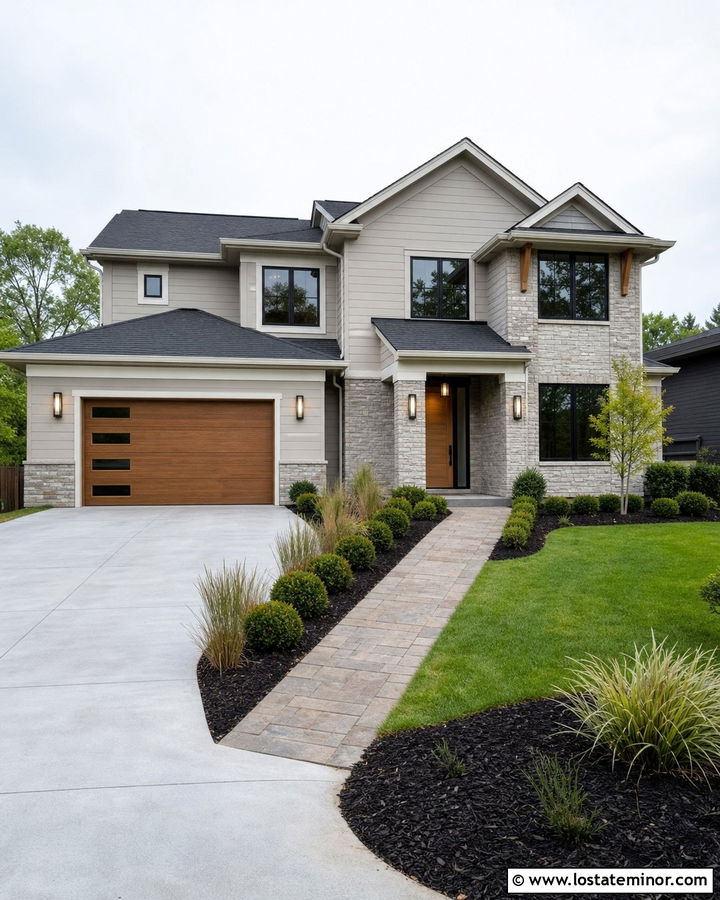 Greige House With Wood Look Steel Garage Door - 30 Greige House Design With Garage Door Ideas