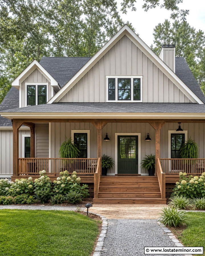 Greige House With Wood Porch Steps - 30 Greige House Design With Steps Ideas