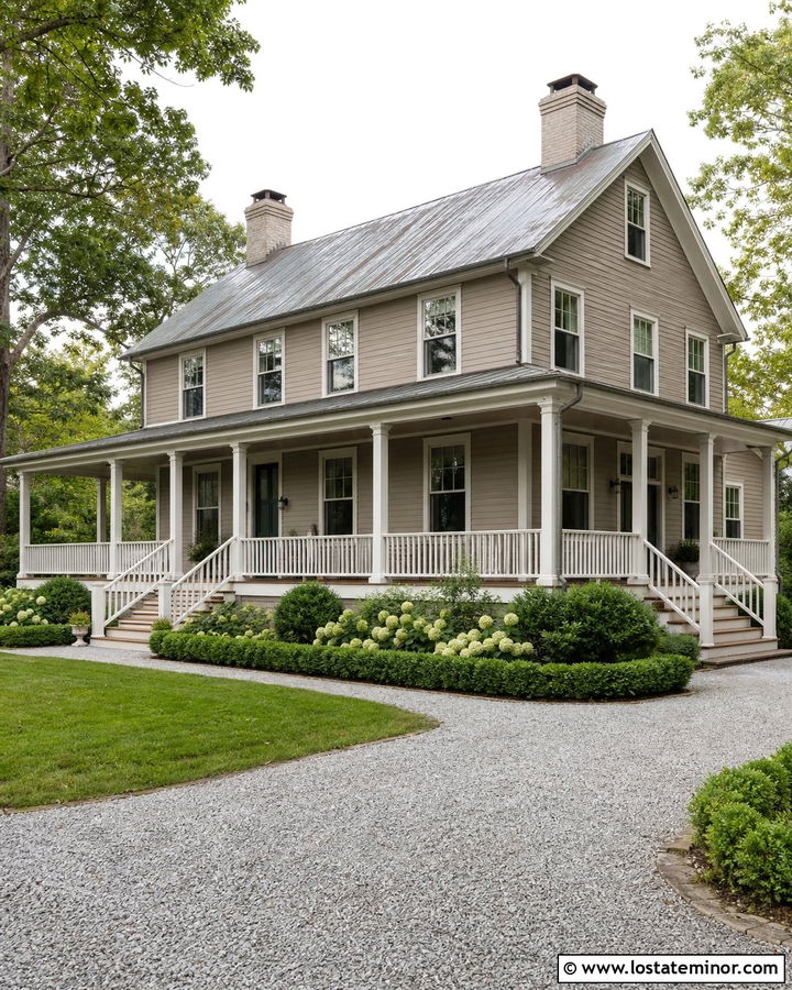 Greige House With Wraparound Porch Steps - 30 Greige House Design With Steps Ideas