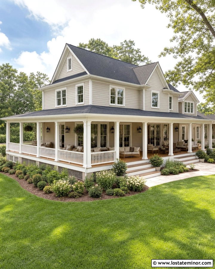 Greige House With Wraparound Porch - 30 Greige House Design With Backyard Ideas