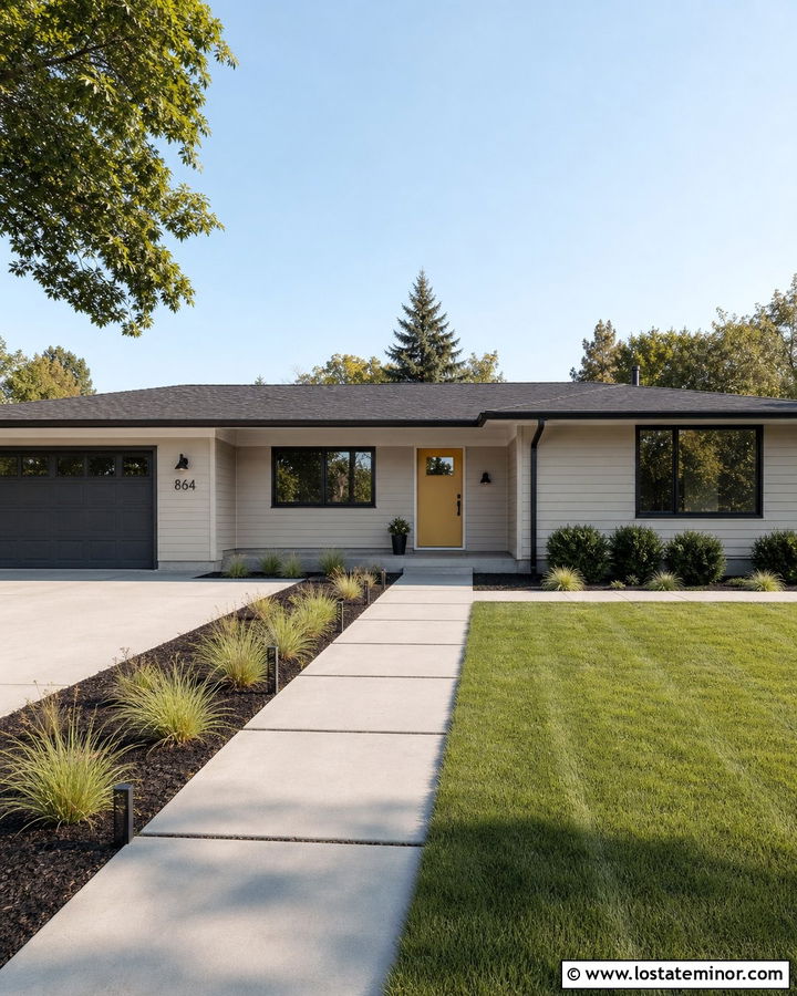 Greige House With Yellow Door And Black Windows - 30 Greige House Design With Accents Ideas