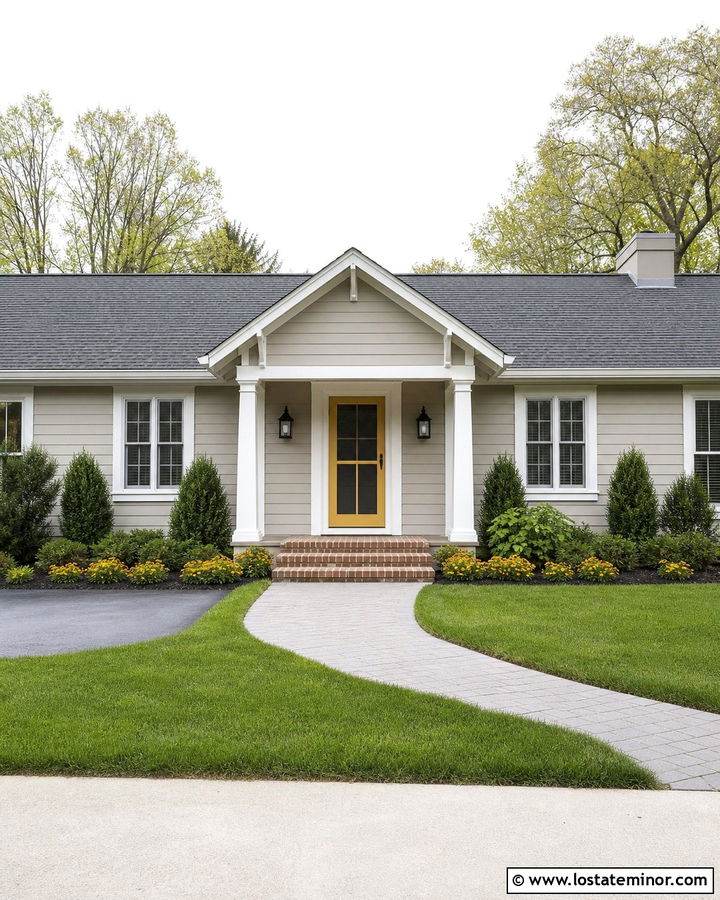 Greige House With Yellow Screen Door - 30 Greige House Design With Screen Door Ideas