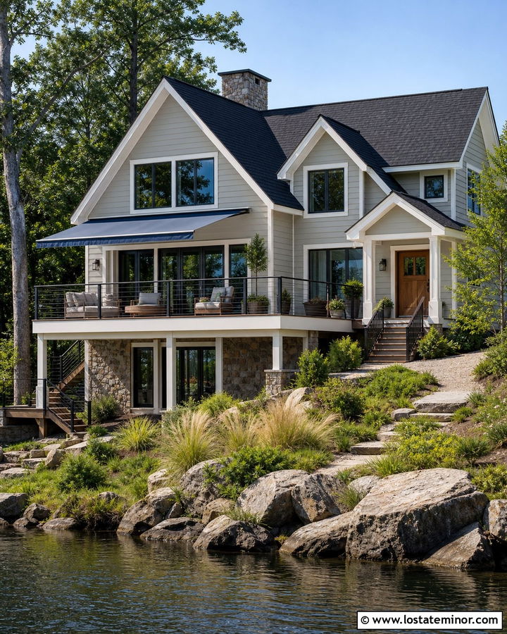 Greige Lake House With Blue Retractable Awning - 30 Greige House Design With Awning Ideas