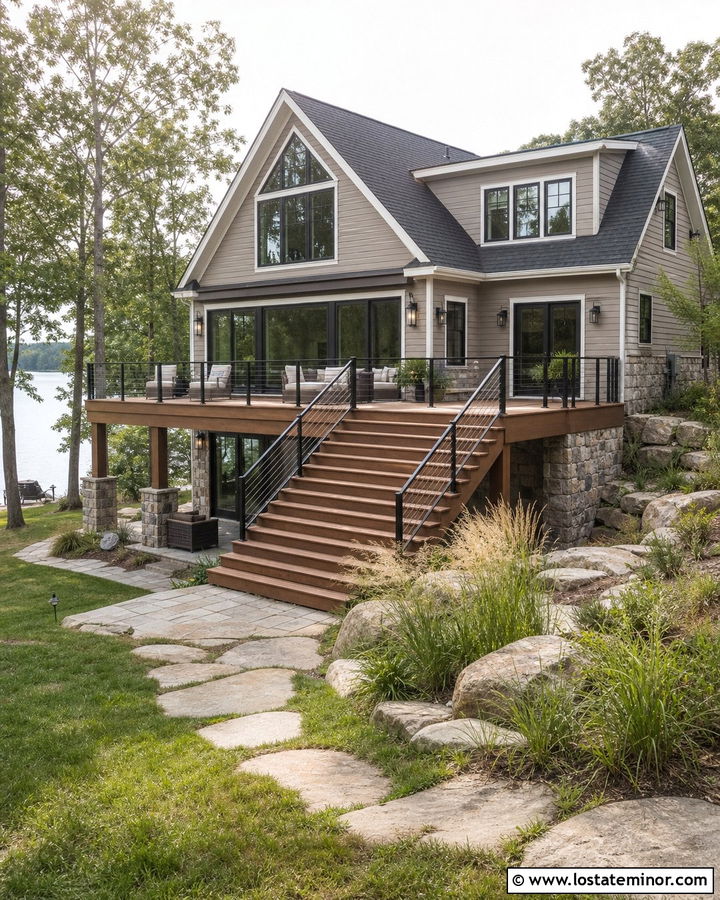 Greige Lake House With Cable Railing Deck - 30 Greige House Design With Deck Ideas