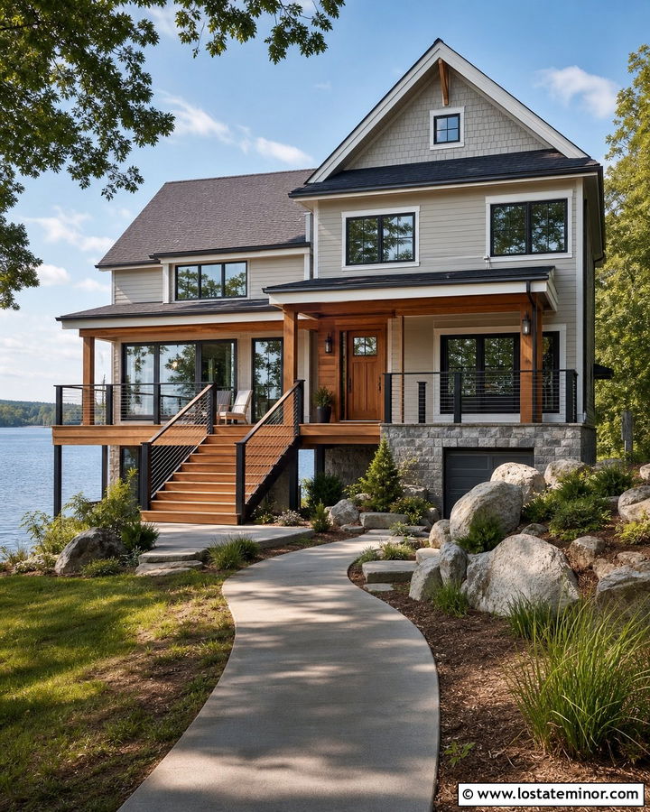 Greige Lake House With Cable Railings - 30 Greige House Design With Railings Ideas