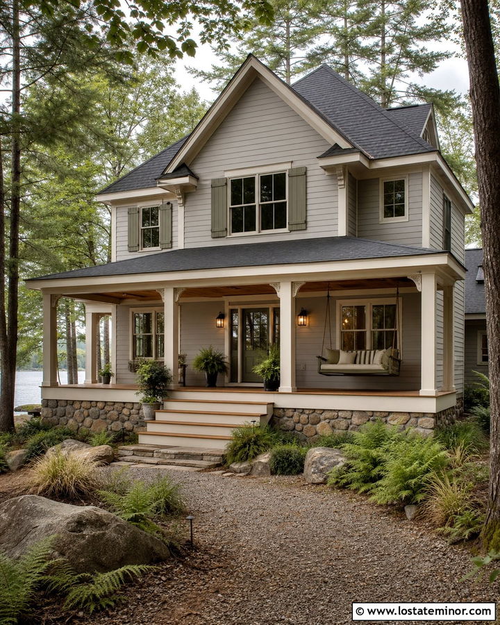 Greige Lake House With Green Swing - 30 Greige House Design With Swing Ideas