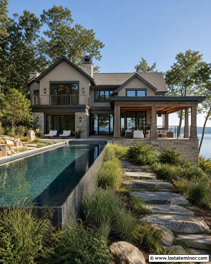 Greige Lake House With Pool - 30 Greige House Design With Swimming Pool Ideas