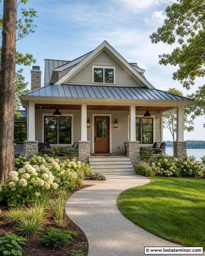 Greige Lake House With Wood Pendant Lighting - 30 Greige House Design With Lighting Ideas