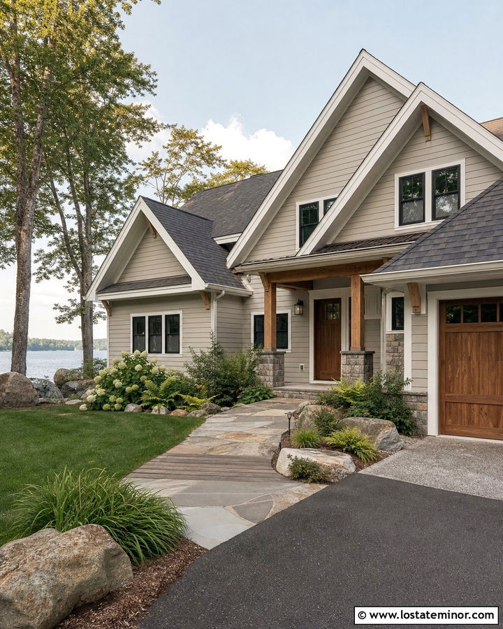 Greige Lakeside House With Stone And Wood Walkway - 30 Greige House Design With Walkway Ideas