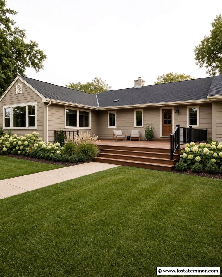 Greige Lap Siding House With Deck - 30 Greige House Design With Backyard Ideas