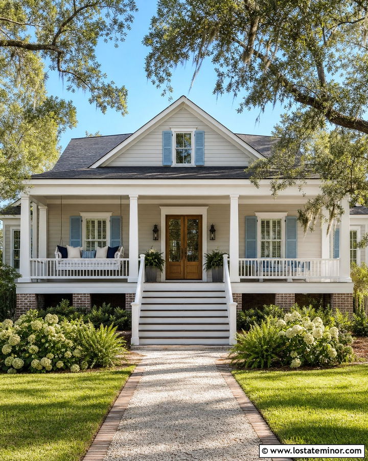 Greige Low Country House With Raised Porch Daybed - 30 Greige House Design With Daybed Ideas