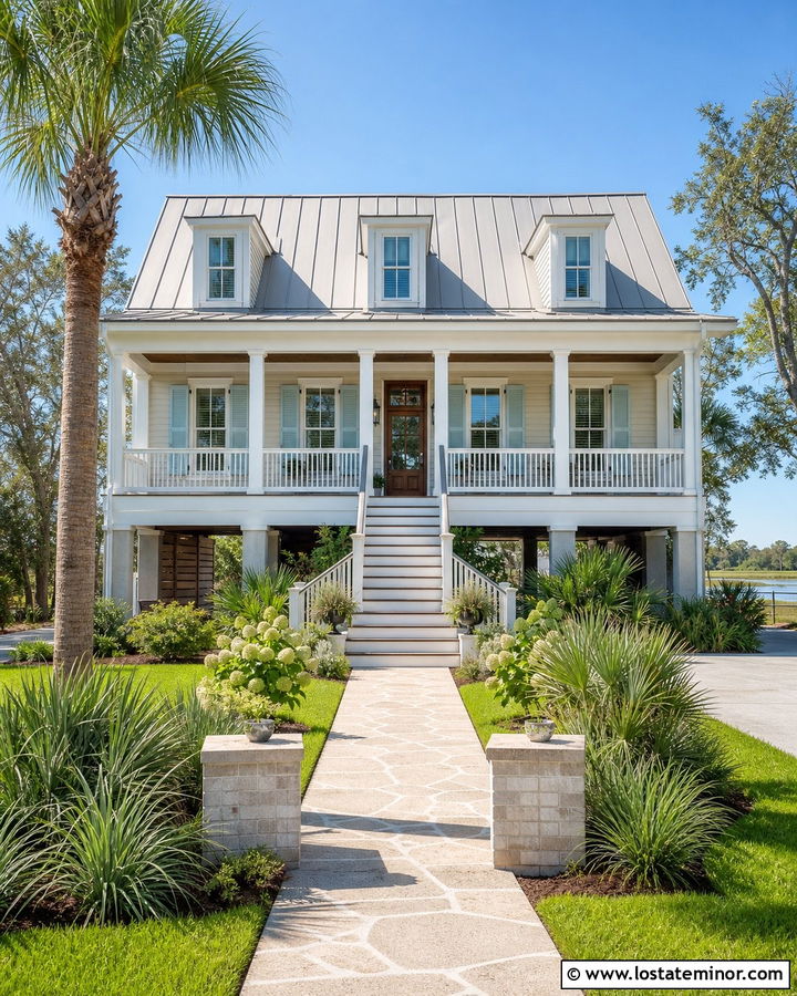 Greige Lowcountry House With Tabby Walkway - 30 Greige House Design With Walkway Ideas