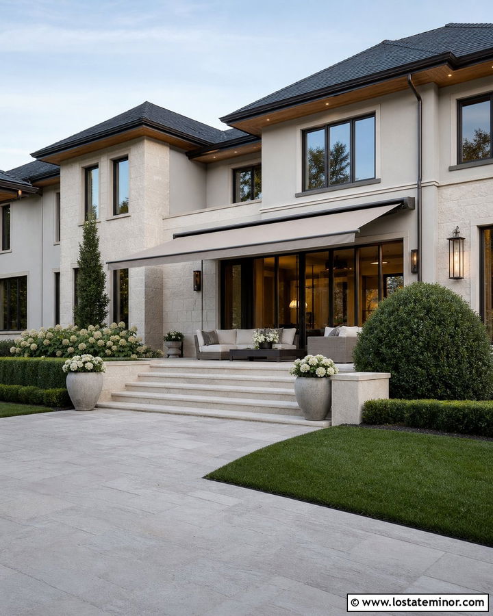 Greige Luxury House With Motorized Awning - 30 Greige House Design With Awning Ideas