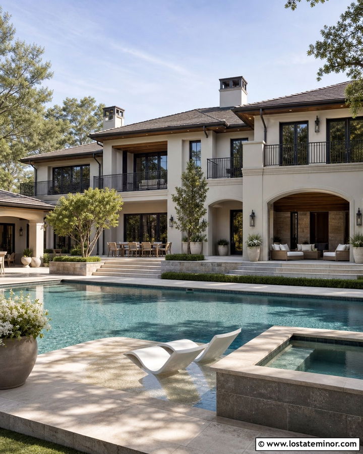 Greige Luxury House With Resort Pool - 30 Greige House Design With Swimming Pool Ideas