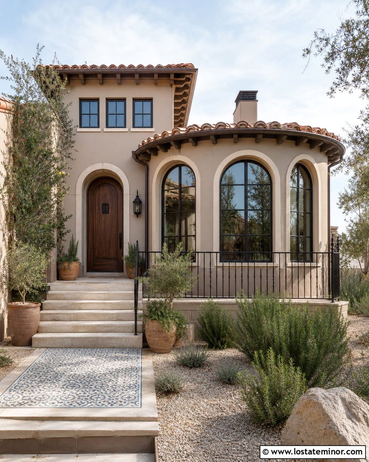 Greige Mediterranean House With Arched Sunroom - 30 Greige House Design With Sunroom Ideas