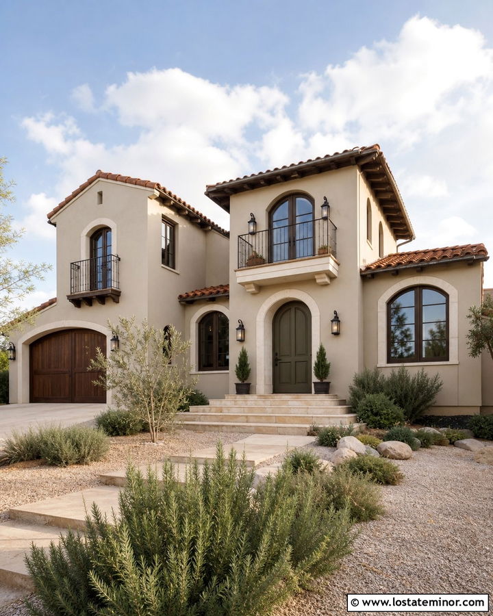Greige Mediterranean House With Brown Window Frames - 30 Greige House Design With Window Frames Ideas
