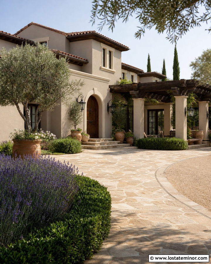 Greige Mediterranean House With Courtyard Pergola - 30 Greige House Design With Pergola Ideas
