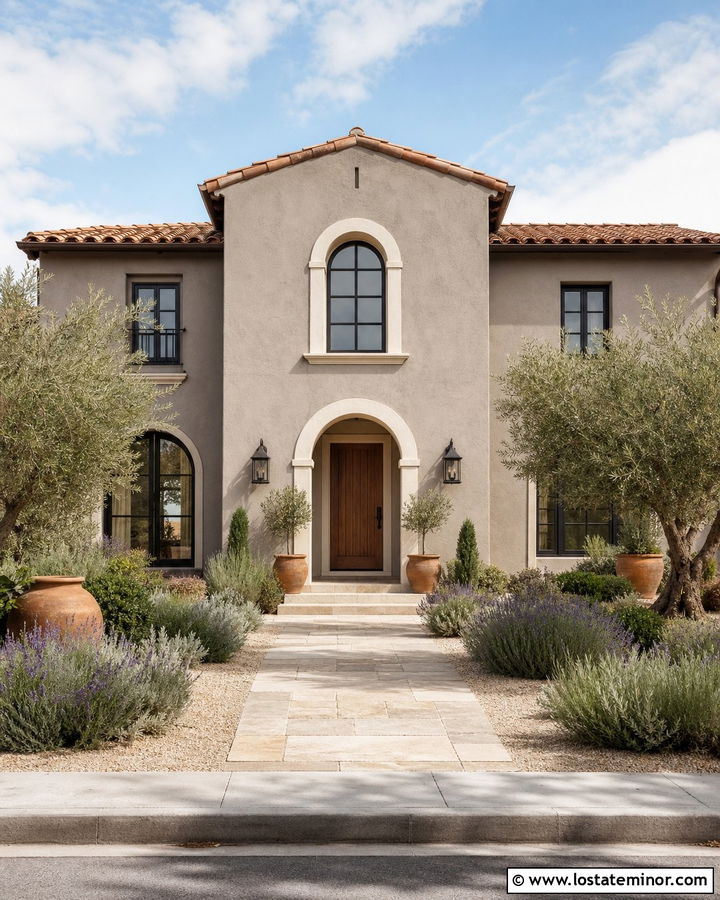Greige Mediterranean House With Olive Trees - 30 Greige House Design With Landscaping Ideas