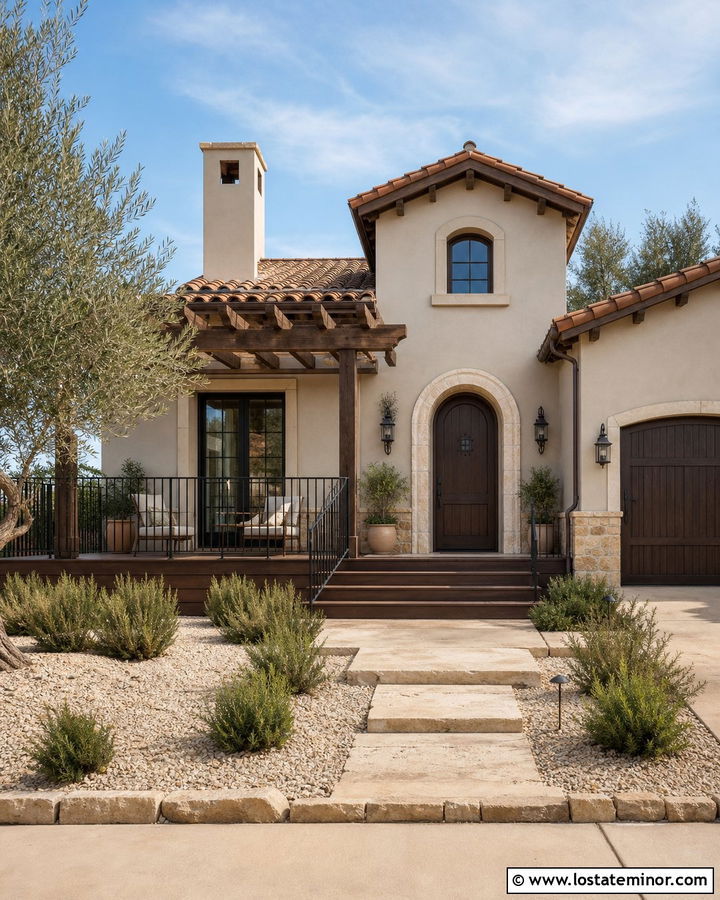 Greige Mediterranean House With Pergola Deck - 30 Greige House Design With Deck Ideas