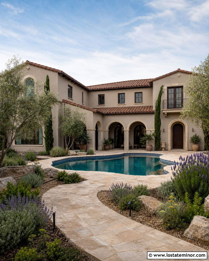 Greige Mediterranean House With Pool - 30 Greige House Design With Swimming Pool Ideas