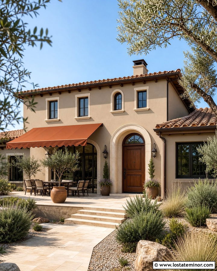 Greige Mediterranean House With Terracotta Awning - 30 Greige House Design With Awning Ideas