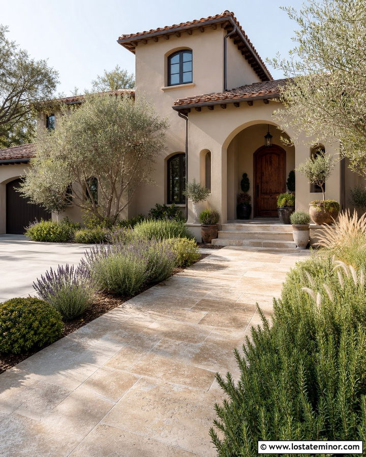 Greige Mediterranean House With Travertine Walkway - 30 Greige House Design With Walkway Ideas