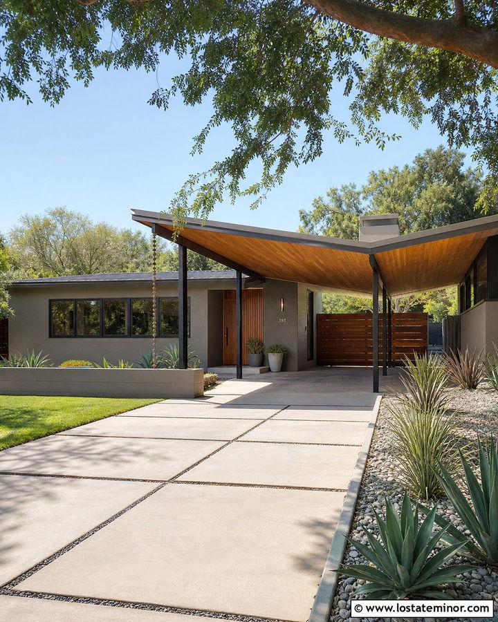 Greige Mid Century House With Butterfly Roof Carport - 30 Greige House Design With Carport Ideas