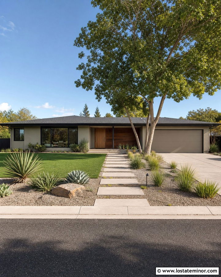 Greige Midcentury House With Black Window Frames - 30 Greige House Design With Window Frames Ideas