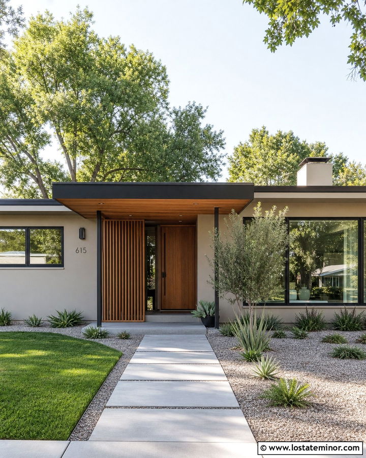 Greige Midcentury House With Flat Roof Awning - 30 Greige House Design With Awning Ideas