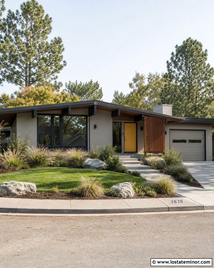 Greige Midcentury House With Mustard Door - 30 Greige House Design With Entry Door Ideas