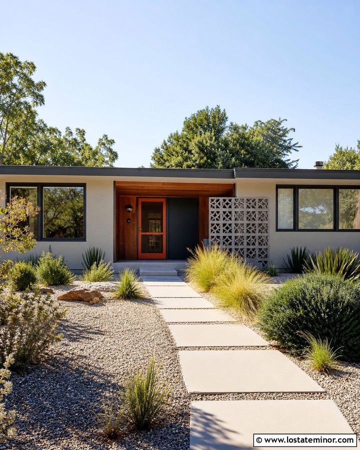 Greige Midcentury House With Orange Screen Door - 30 Greige House Design With Screen Door Ideas