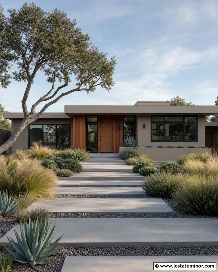 Greige Midcentury House With Ornamental Grasses - 30 Greige House Design With Front Yard Ideas