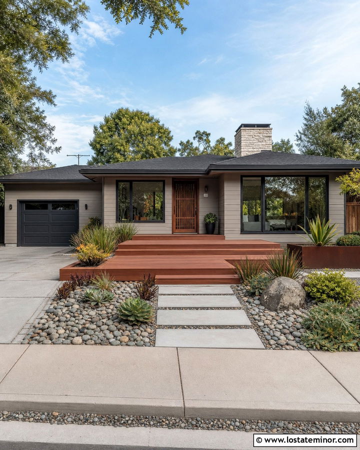 Greige Midcentury House With Redwood Deck - 30 Greige House Design With Deck Ideas