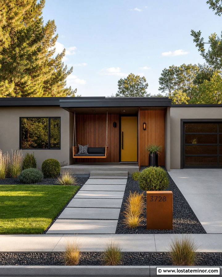 Greige Midcentury House With Slatted Swing - 30 Greige House Design With Swing Ideas