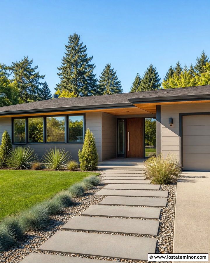 Greige Midcentury House With Staggered Concrete Walkway - 30 Greige House Design With Walkway Ideas