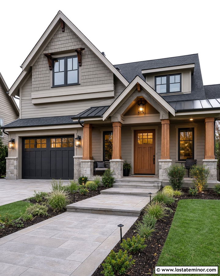 Greige Modern Craftsman With Porcelain Paver Walkway - 30 Greige House Design With Walkway Ideas