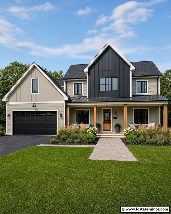 Greige Modern Farmhouse With Black Gables - 30 Greige House Design With Gables Ideas